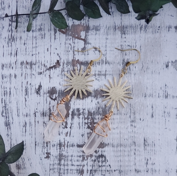 Raw Brass Earrings - Sun with Clear Quartz Crystal - Picture 2 of 2